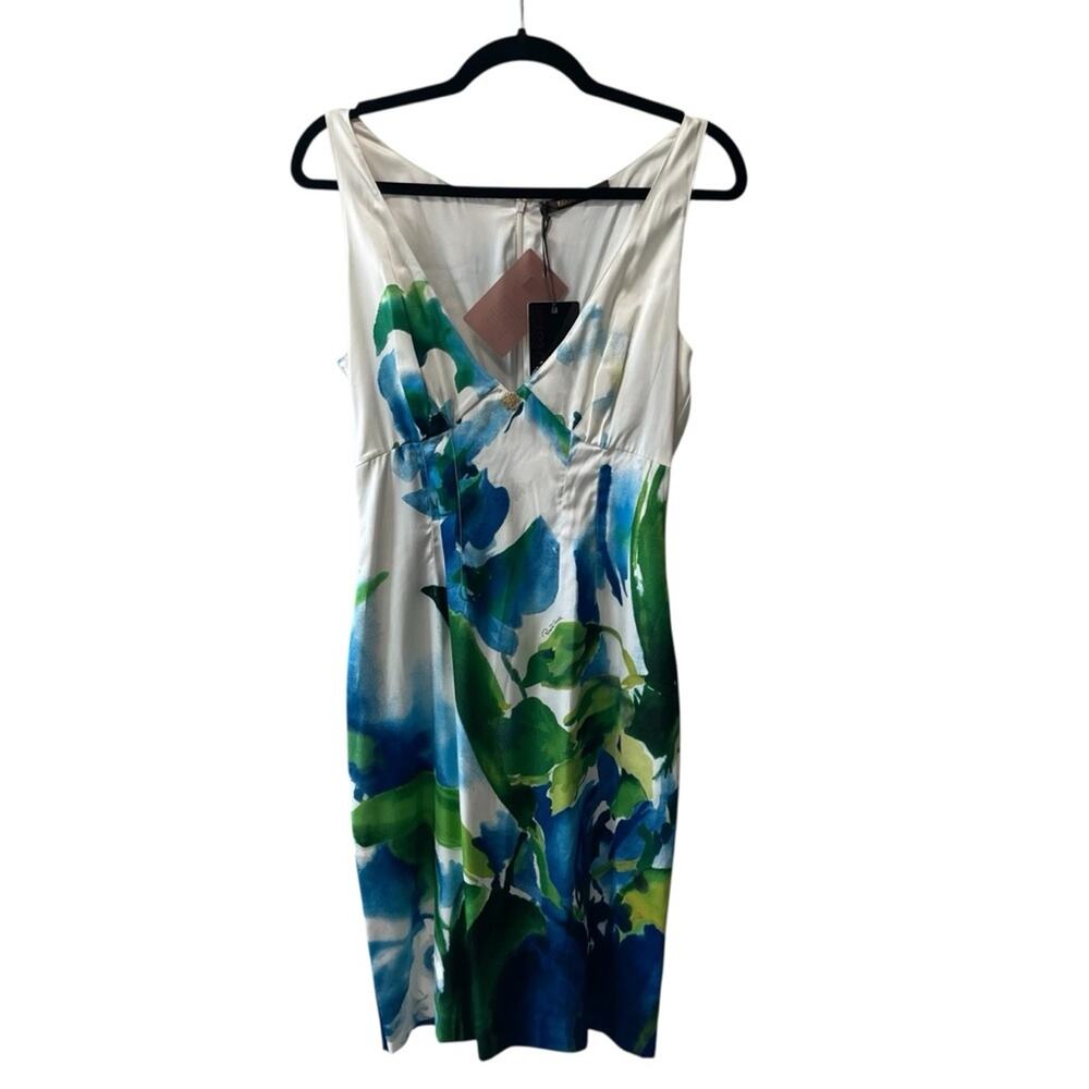 Roberto Cavalli Silk Sleeveless V Neck Floral Sheath Dress Ivory Multi Size 8